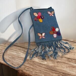 Blue Jean Crossbody Purse With Patchwork Butterflies and Flowers Boho Fringe